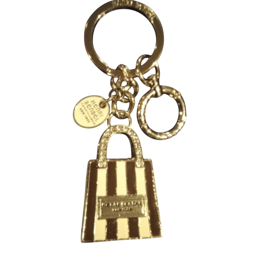 Rare💥Henri Bendel Enameled Iconic Striped Shopping Bag Keychain/BagCharm w/ S…